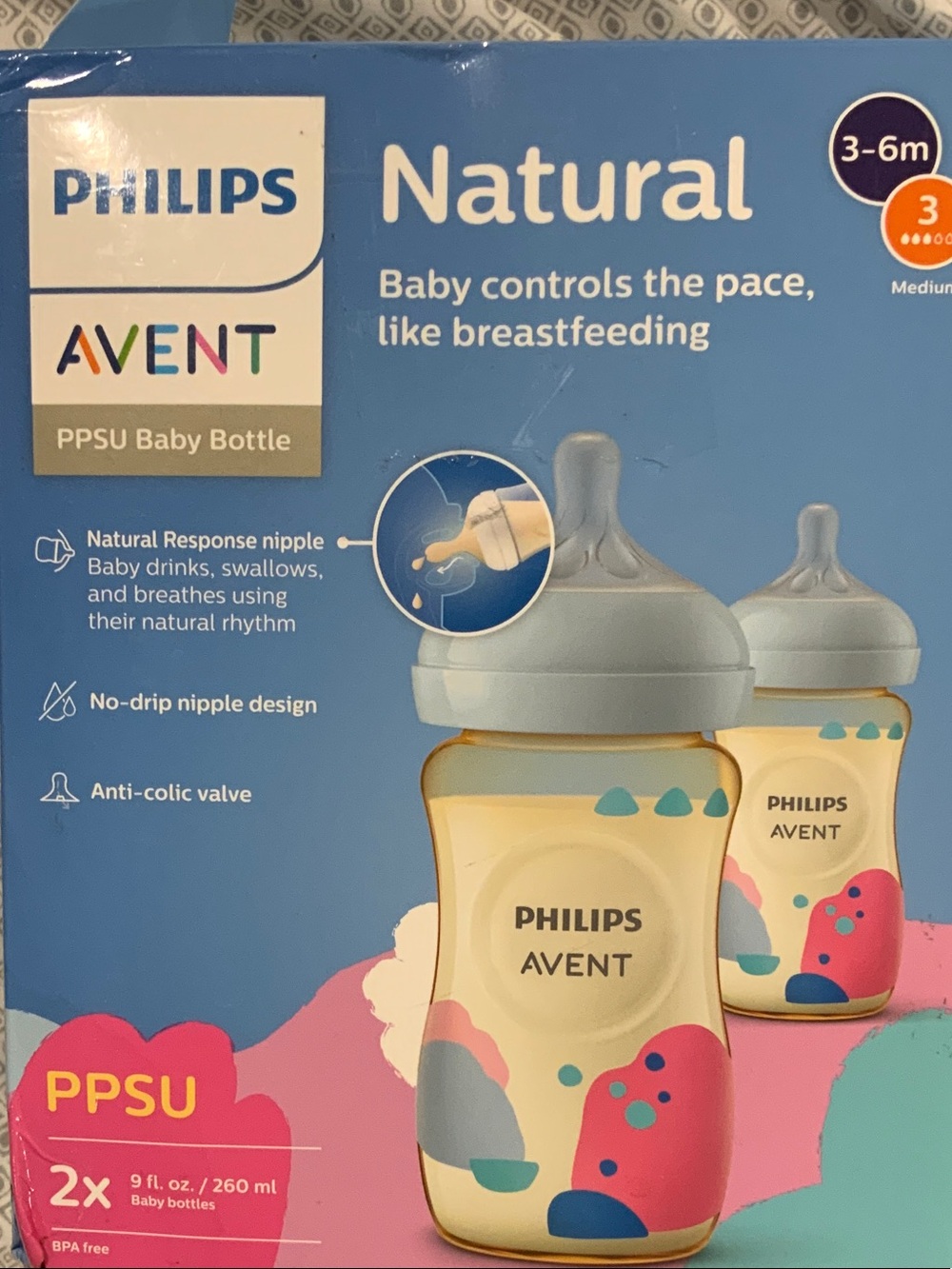 Philips AVENT Natural PPSU Baby Bottle - Light Blue  & Multicolor Accents